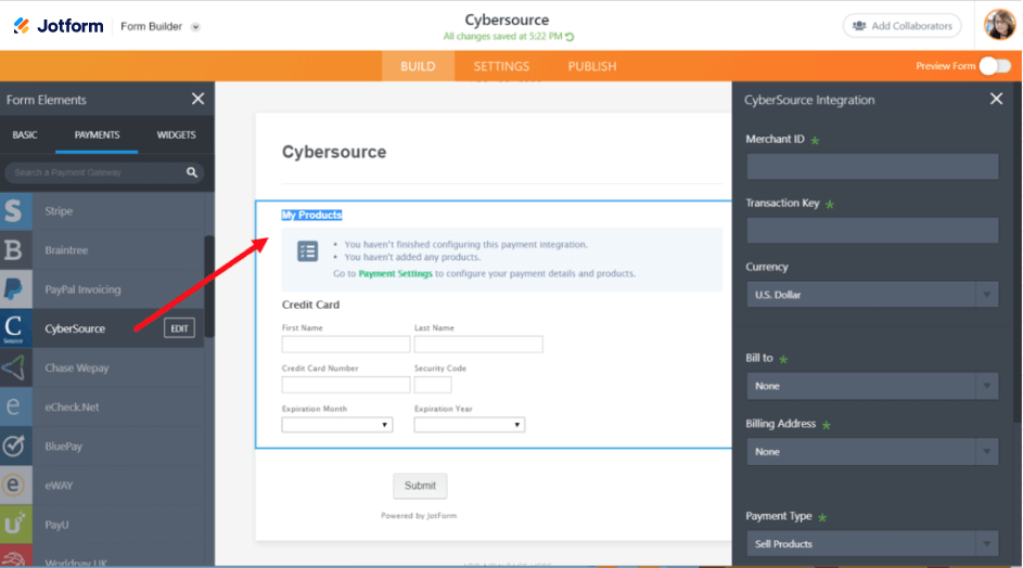 Can I integrate Cybersource for credit card payments in my form?