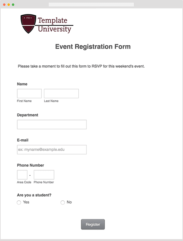 Event reg. Event Registration form. Formats of Educational events.