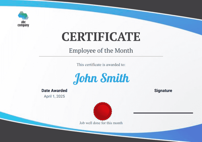 Employee of the Month Certificate Template