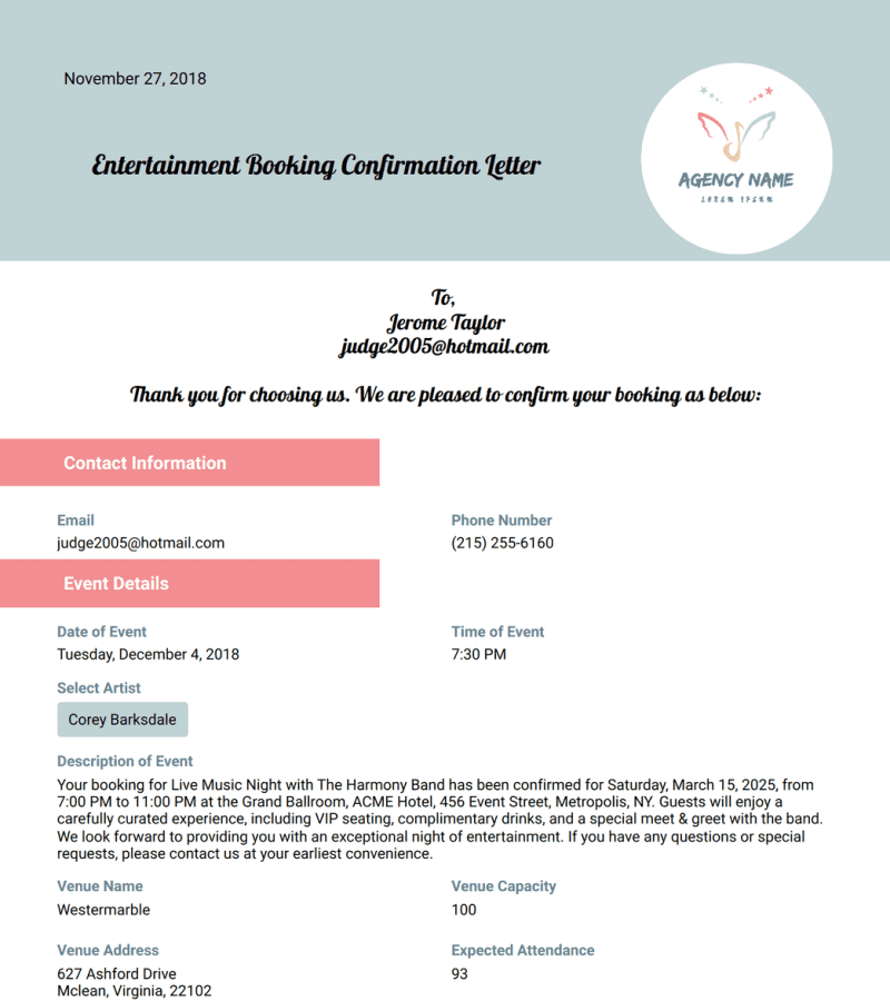Entertainment Booking Confirmation Letter