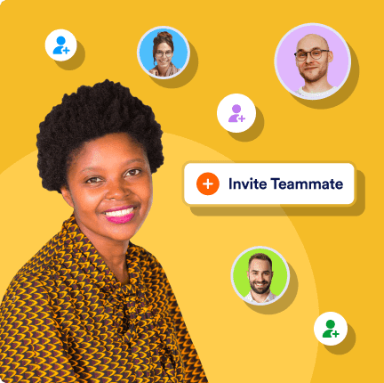 Smiling woman in front of people avatars and invite teammate badge