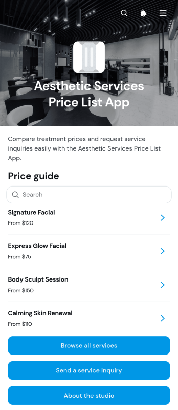 Aesthetic Services Price List App Template