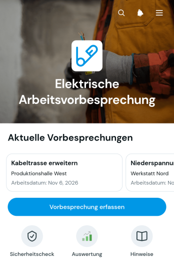 App für Elektrotechnische Vorbesprechungen vor Arbeitsbeginn
