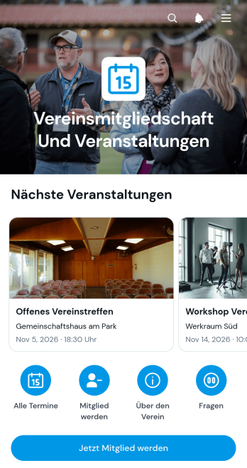 App für Vereinsmitgliedschaft und Veranstaltungen