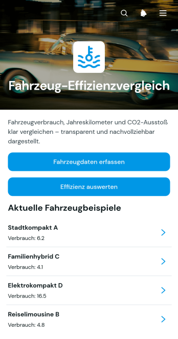 App zum Vergleich der Fahrzeugeffizienz