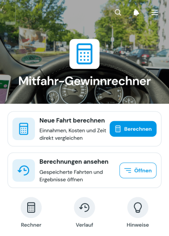 App zur Gewinnberechnung für Mitfahrdienste