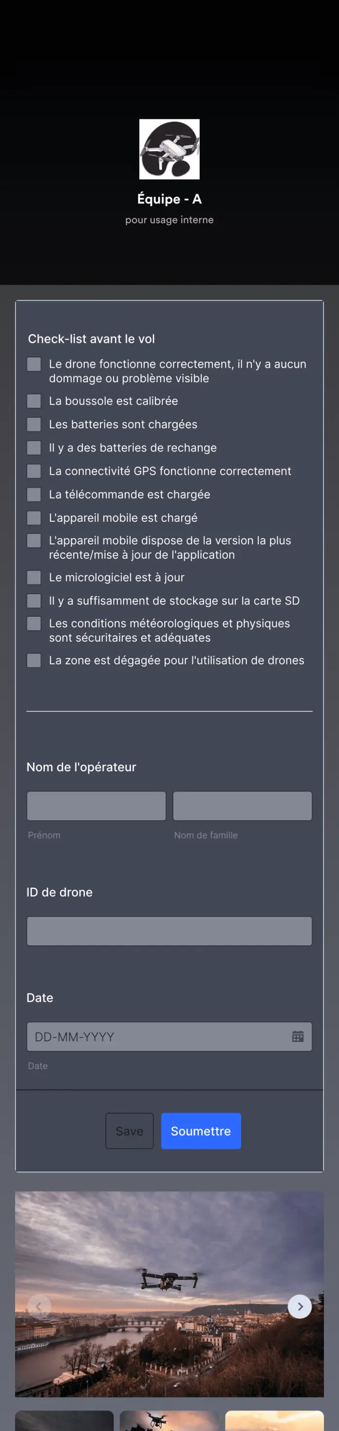 Application de liste de contrôle avant le vol de drone