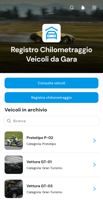 Applicazione per il Monitoraggio del Chilometraggio dei Veicoli da Corsa