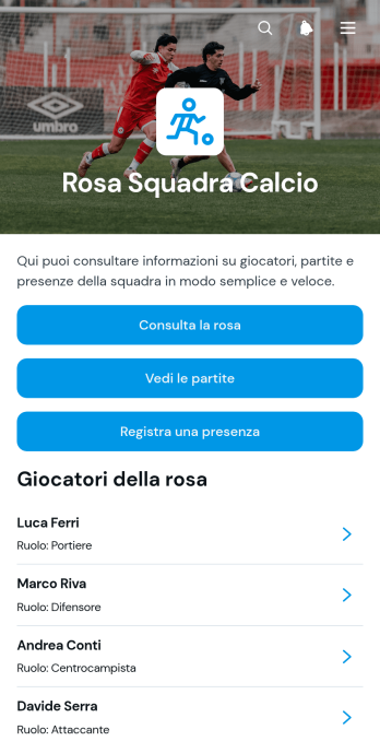 Applicazione per la Rosa della Squadra di Calcio
