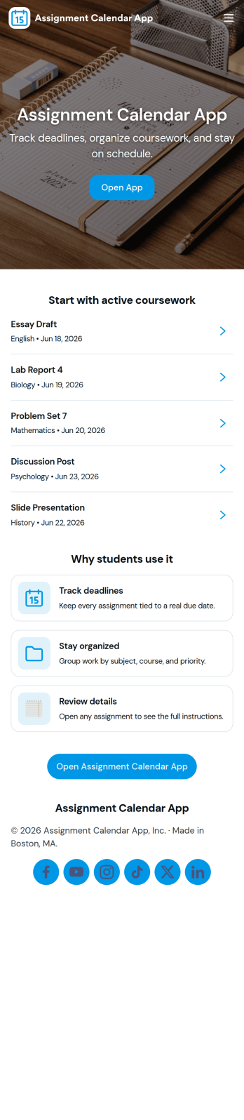 Assignment Calendar App Template