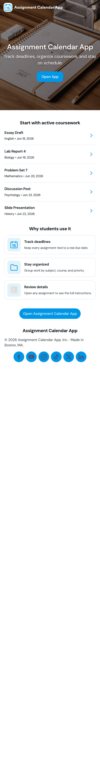 Assignment Calendar App Template