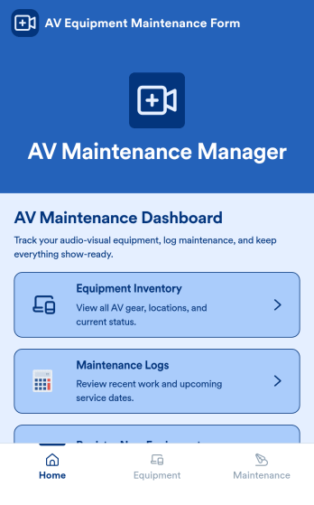 AV Equipment Maintenance Software App Template