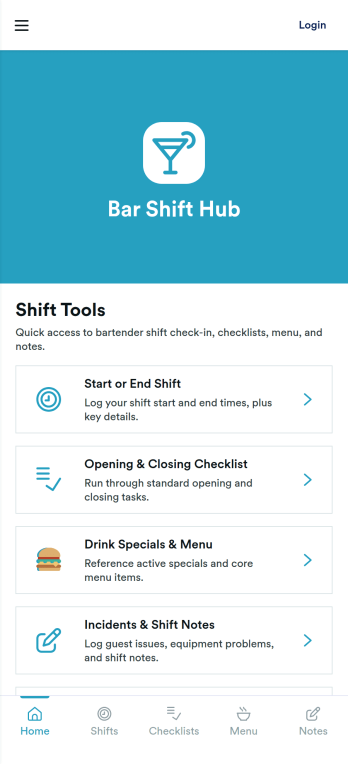 Bar Shift Hub App Template