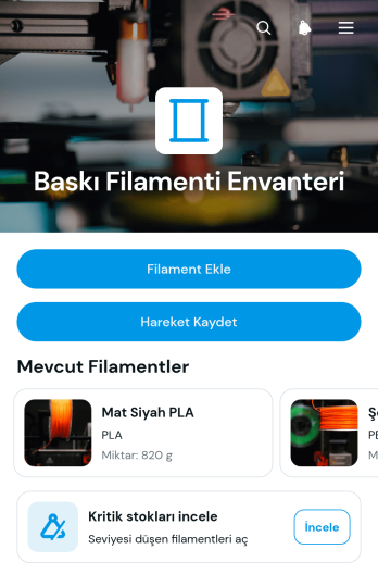 Baskı Filamenti Envanter Uygulama Șablonu