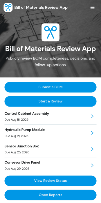 Bill of Materials Review App Template