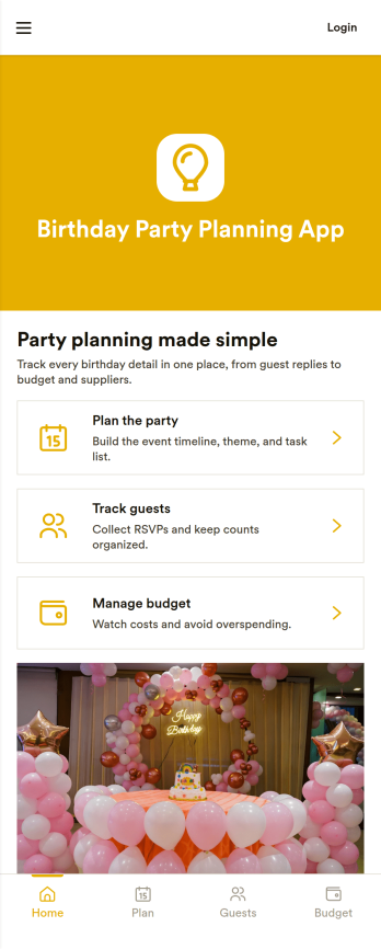 Birthday Party Planning App Template