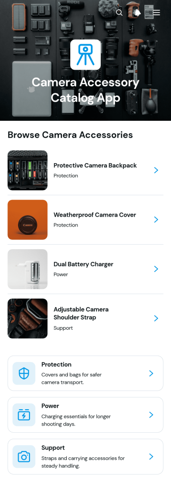 Camera Accessory Catalog App Template