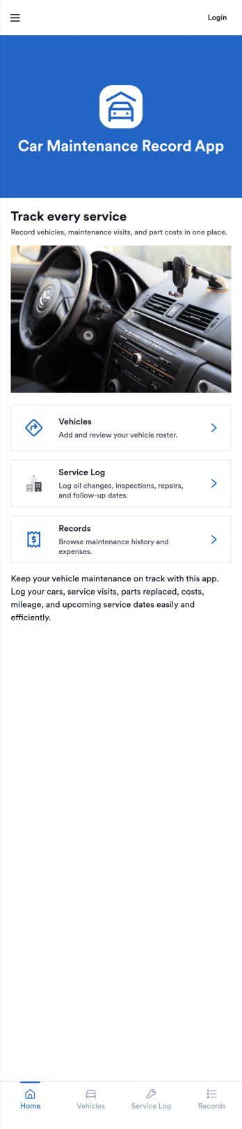 Car Maintenance Record App Template