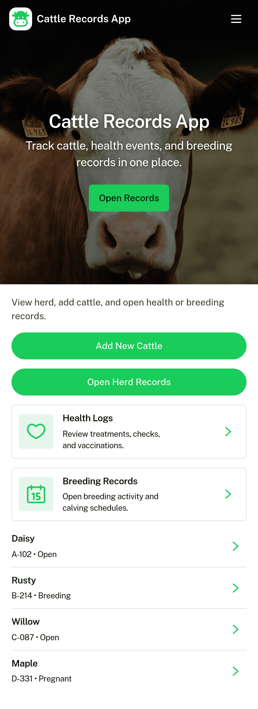 Cattle Records App Template | Jotform