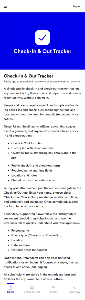Check-In & Out Tracker App Template