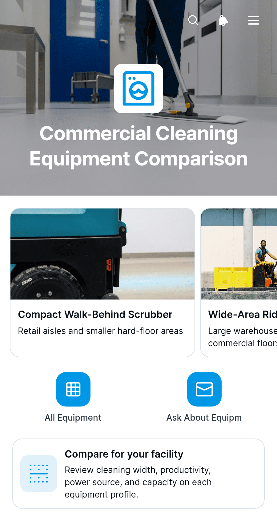 Commercial Cleaning Equipment Comparison App Template | Jotform