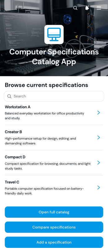 Computer Specifications Catalog App Template
