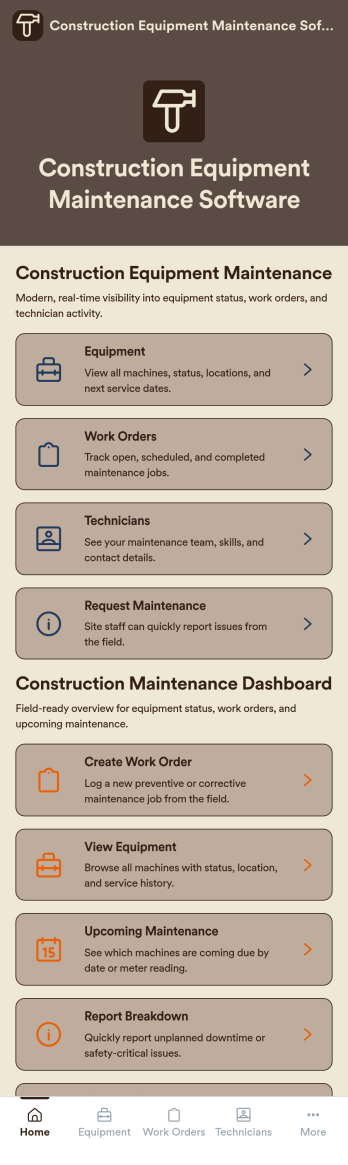 Construction Equipment Maintenance Software App Template