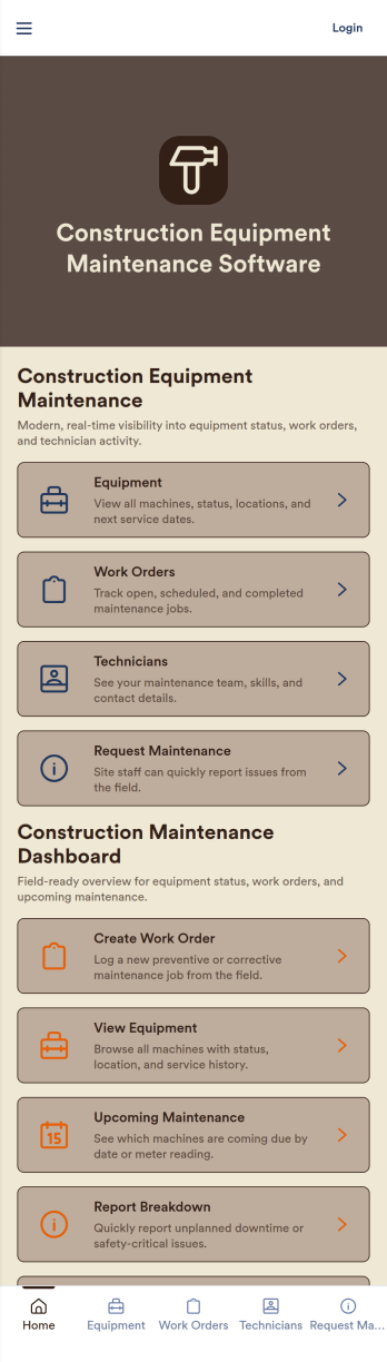 Construction Equipment Maintenance Software App Template
