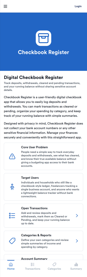 Digital Checkbook Register App Template