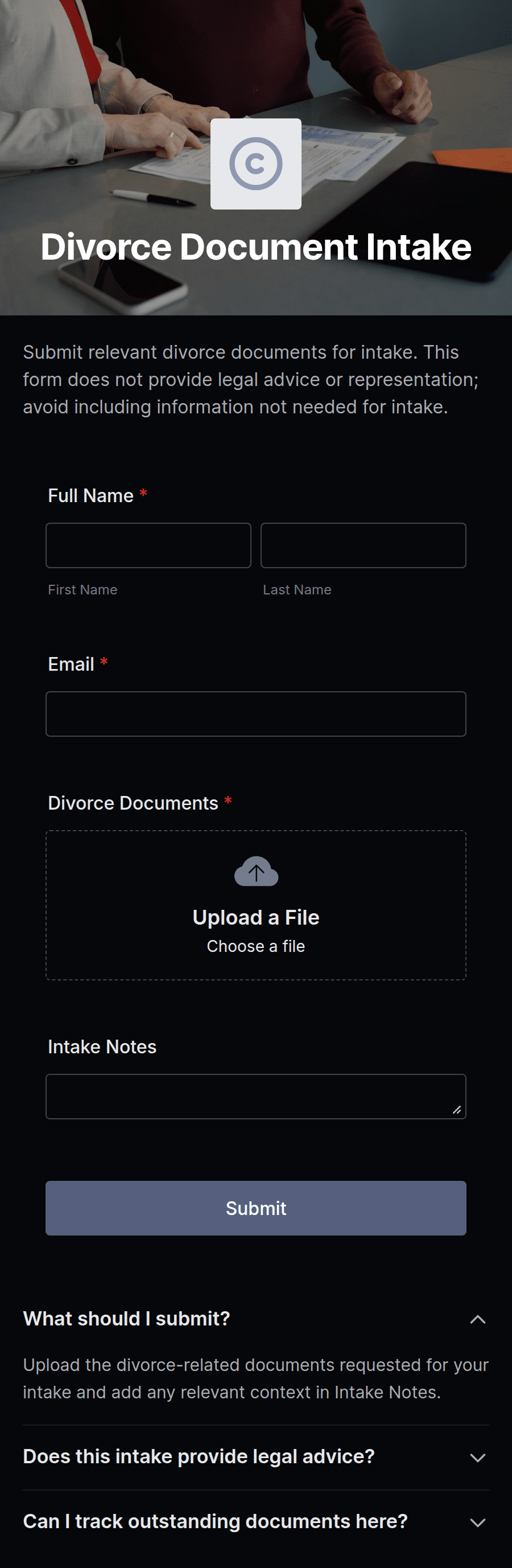 Divorce Document Intake App Template | Jotform