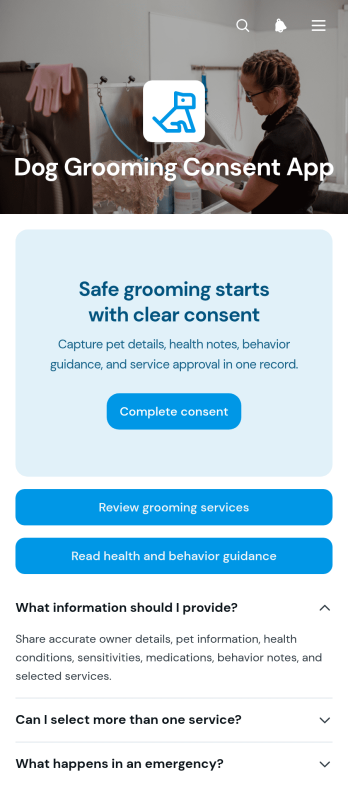 Dog Grooming Consent App Template