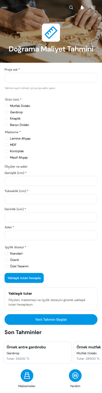 Doğrama Maliyet Tahmin Uygulama Șablonu