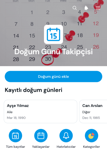 Doğum Günü Takip Uygulama Șablonu