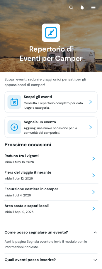 Elenco di Eventi per Camper