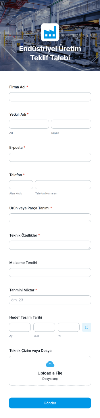 Endüstriyel Üretim Teklif Talebi Uygulama Șablonu