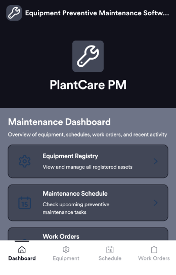 Equipment Preventive Maintenance Software App Template
