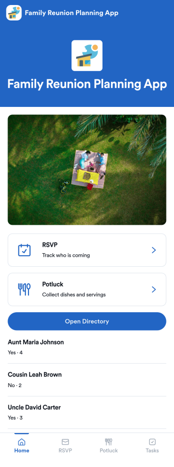 Family Reunion Planning App Template