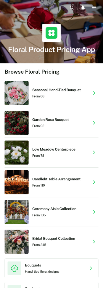 Floral Product Pricing App Template