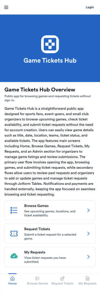 Game Tickets Hub App Template