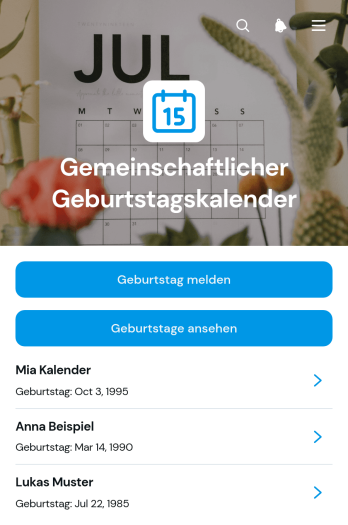 Geburtstagskalender-App für Gemeinschaften