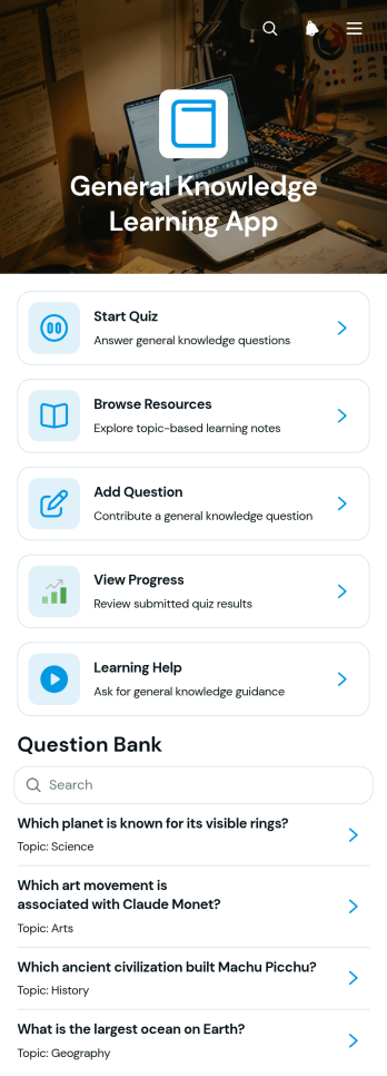 General Knowledge Learning App Template