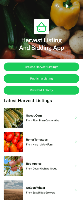 Harvest Listing And Bidding App Template