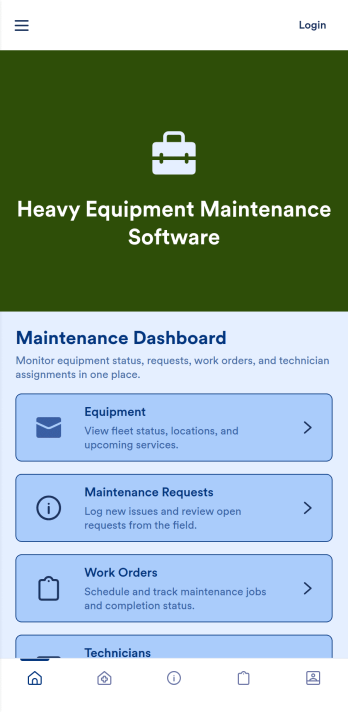 Heavy Equipment Maintenance Software App Template