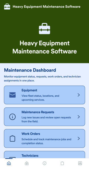 Heavy Equipment Maintenance Software App Template