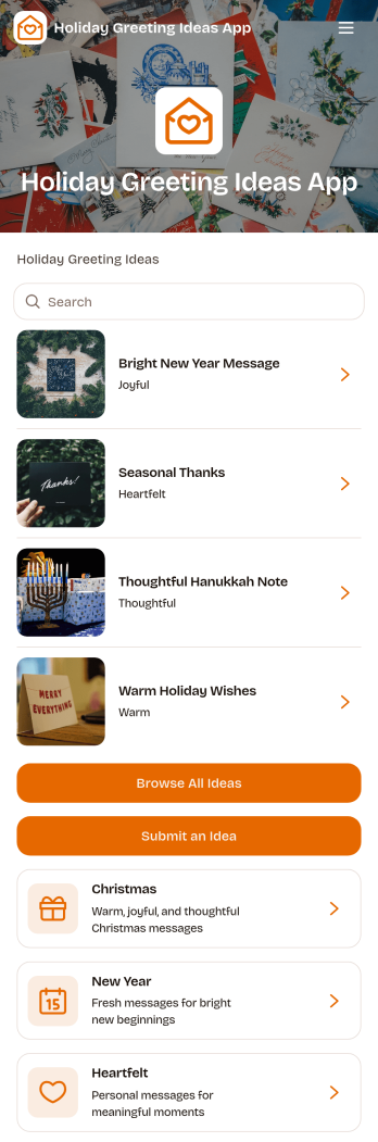Holiday Greeting Ideas App Template