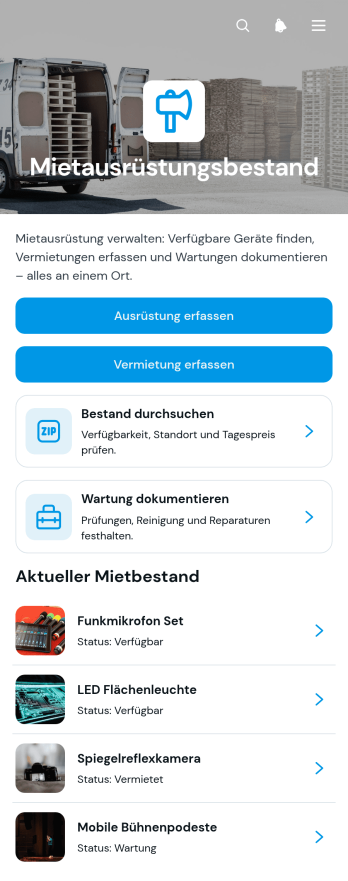 Inventar-App für die Ausrüstungsvermietung
