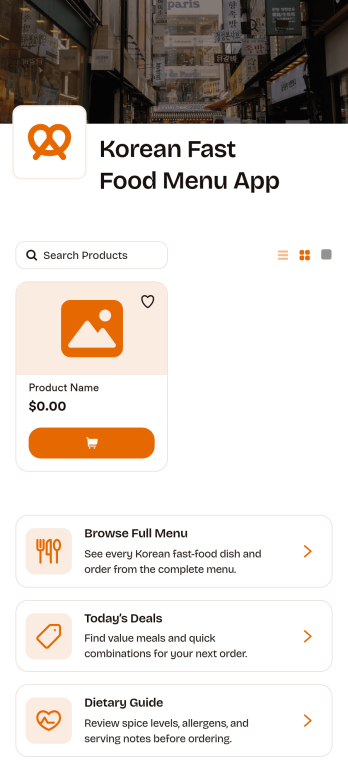 Korean Fast Food Menu App Template
