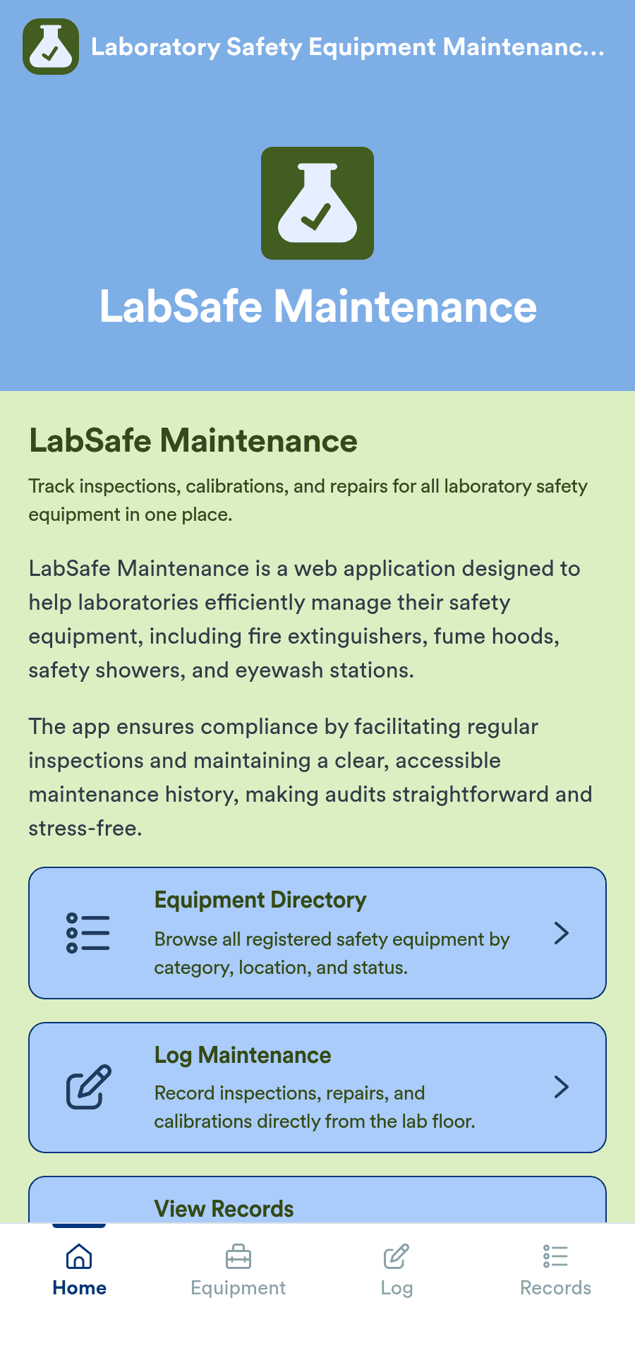 Laboratory Safety Equipment Maintenance Software App Template | Jotform