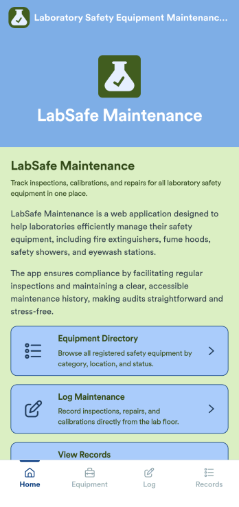 Laboratory Safety Equipment Maintenance Software App Template