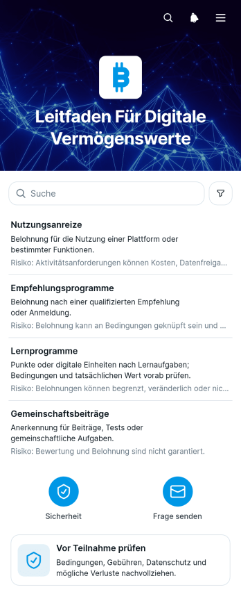 Leitfaden-App für Prämien aus digitalen Vermögenswerten